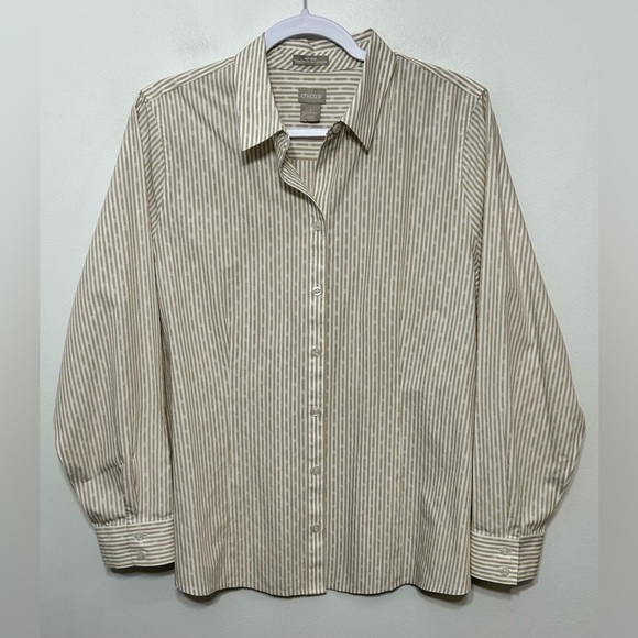 Chicos Coolmax All Season No Iron Sand Jacquard Dot Striped Button Up Sh… - Picture 4 of 13